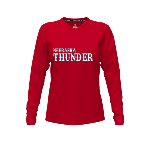 [FTLVPTRD-FYXS-LOGO3] Decker Performance T-Shirt (Female Youth XS, Red, V Neck, Logo 3, Long Sleeve)